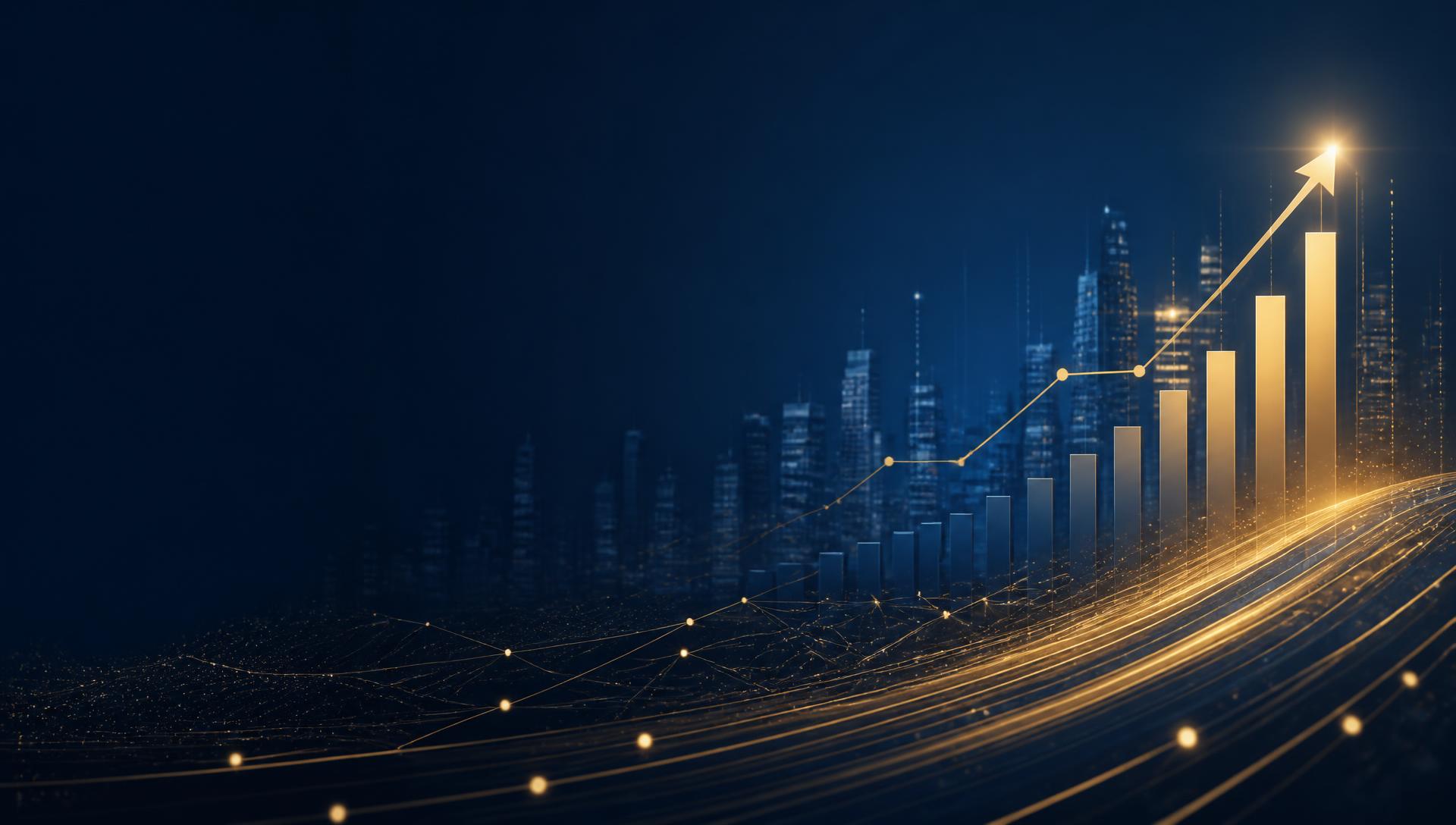 Abstract visualization of business growth charts and connected enterprise systems