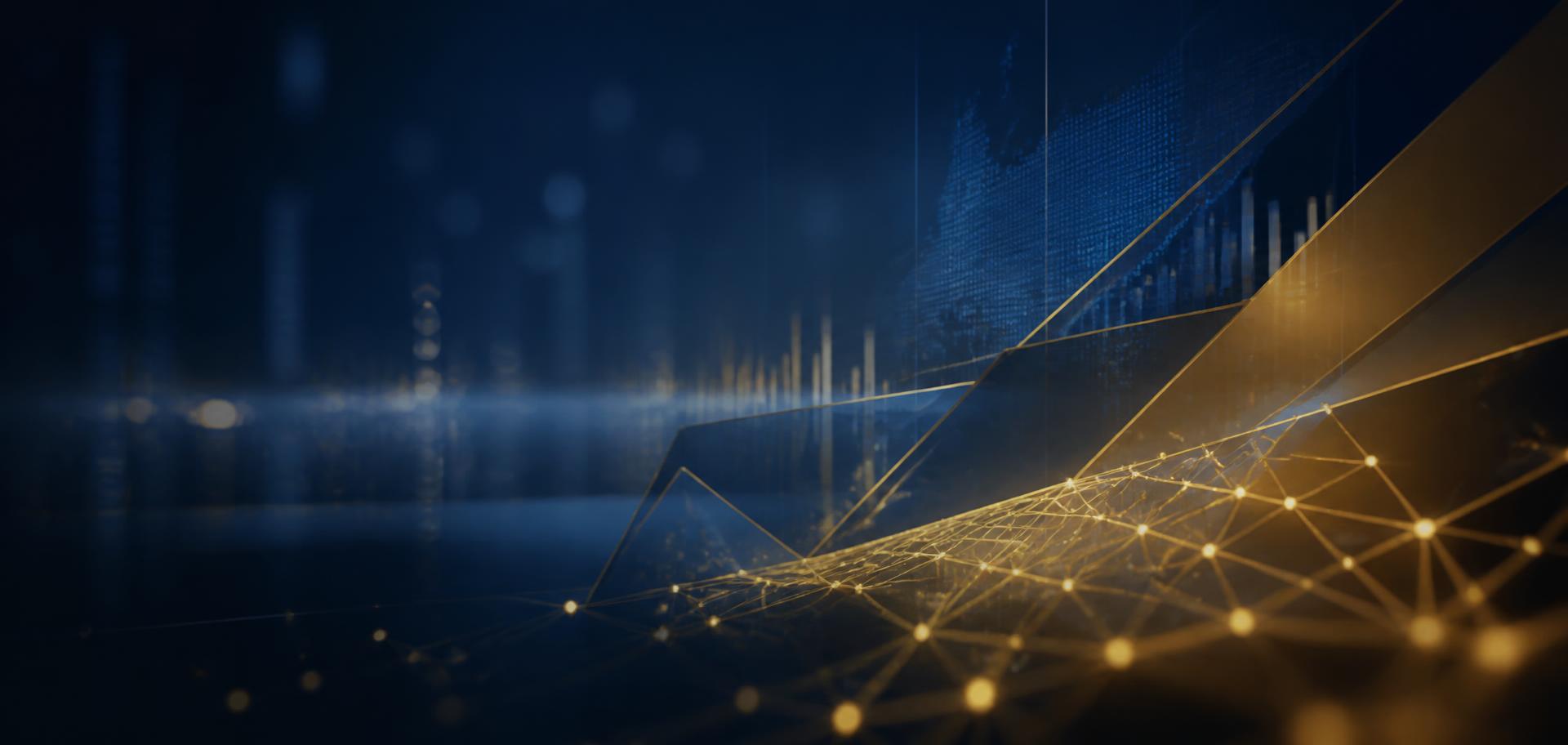 Abstract financial growth and technology network visualization in navy and gold