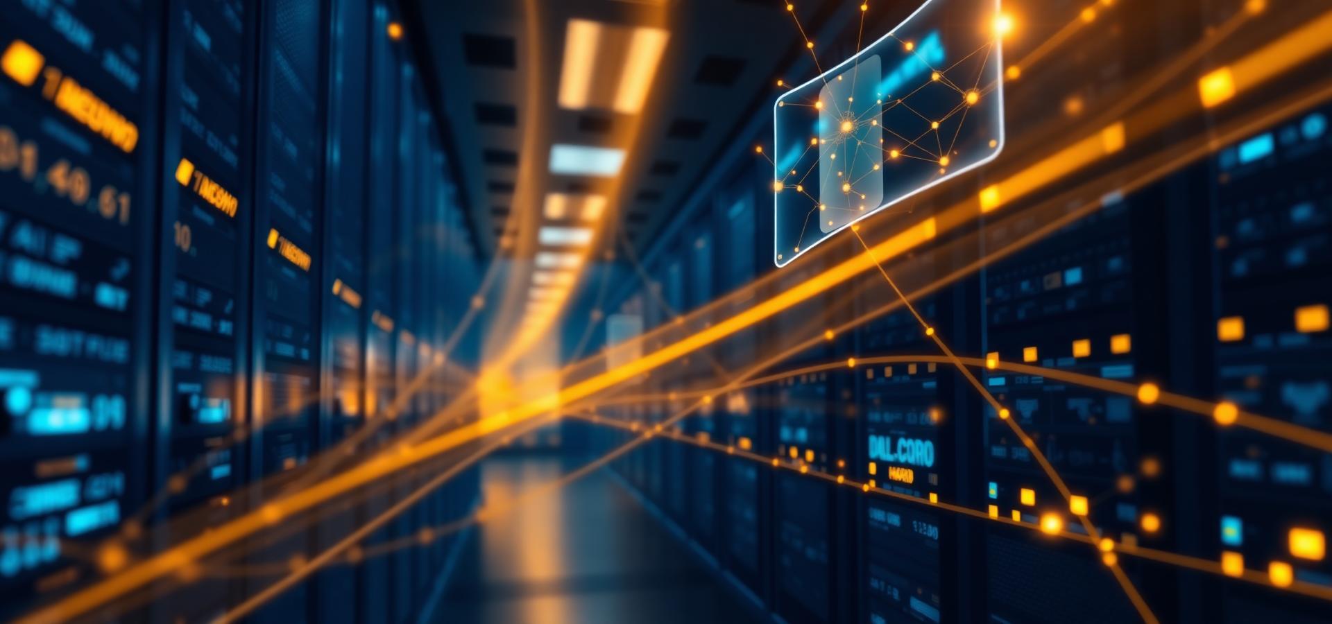 Abstract enterprise data center with connected systems and glowing network lines
